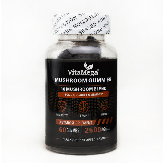 Vitamega Mushroom Super Blend Gummies – Lion’s Mane, Chaga, Cordyceps, Maitake, Reishi & Tremella for Brain, Mood & Stress Support – 60 Vegan Gummies – Blackcurrant Flavour
