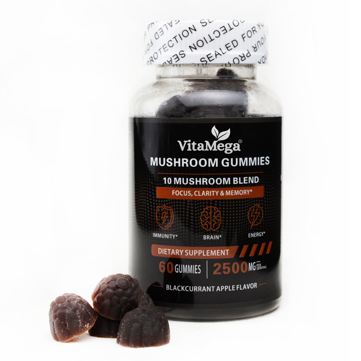 Vitamega Mushroom Super Blend Gummies – Lion’s Mane, Chaga, Cordyceps, Maitake, Reishi &amp; Tremella for Brain, Mood &amp; Stress Support – 60 Vegan Gummies – Blackcurrant Flavour