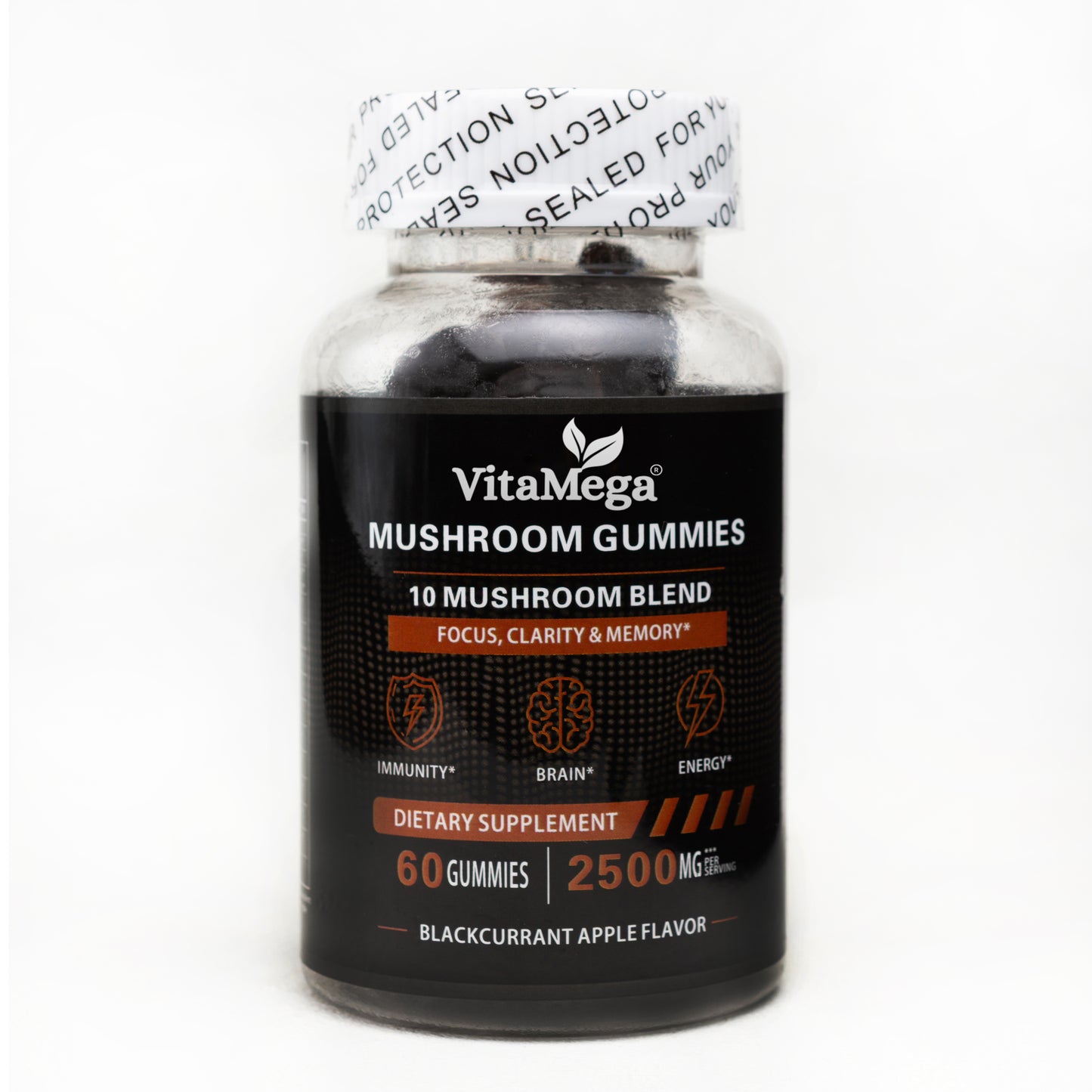 Vitamega Mushroom Super Blend Gummies – Lion’s Mane, Chaga, Cordyceps, Maitake, Reishi &amp; Tremella for Brain, Mood &amp; Stress Support – 60 Vegan Gummies – Blackcurrant Flavour